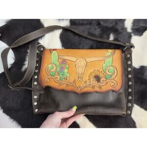 Hand Tooled & Painted Leather Shoulder Handbag Pocketbook Bull Steer Head Cactus